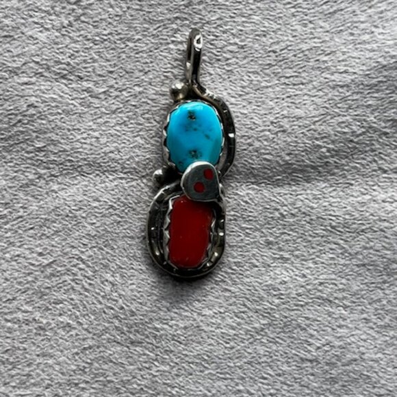 Effie Calavaza Turquoise and Coral Zuni Snake Pendant - Picture 2 of 7